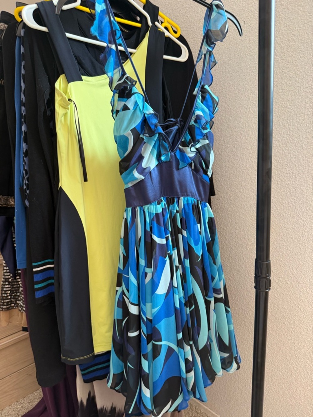 Blue Abstract Print Ruffle Strap Dress